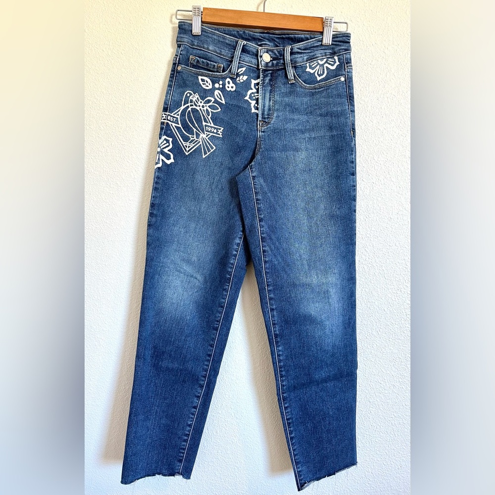 Athleta Sculptek Skinny Cropped Ankle Jeans Medium Wash Hand Painted Size 2